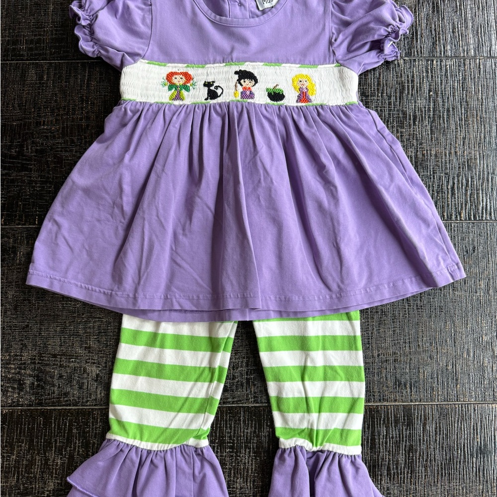 GUC Mac & Me Hocus Pocus Smocked Purple & Green Kids 2 Pc Set 3T